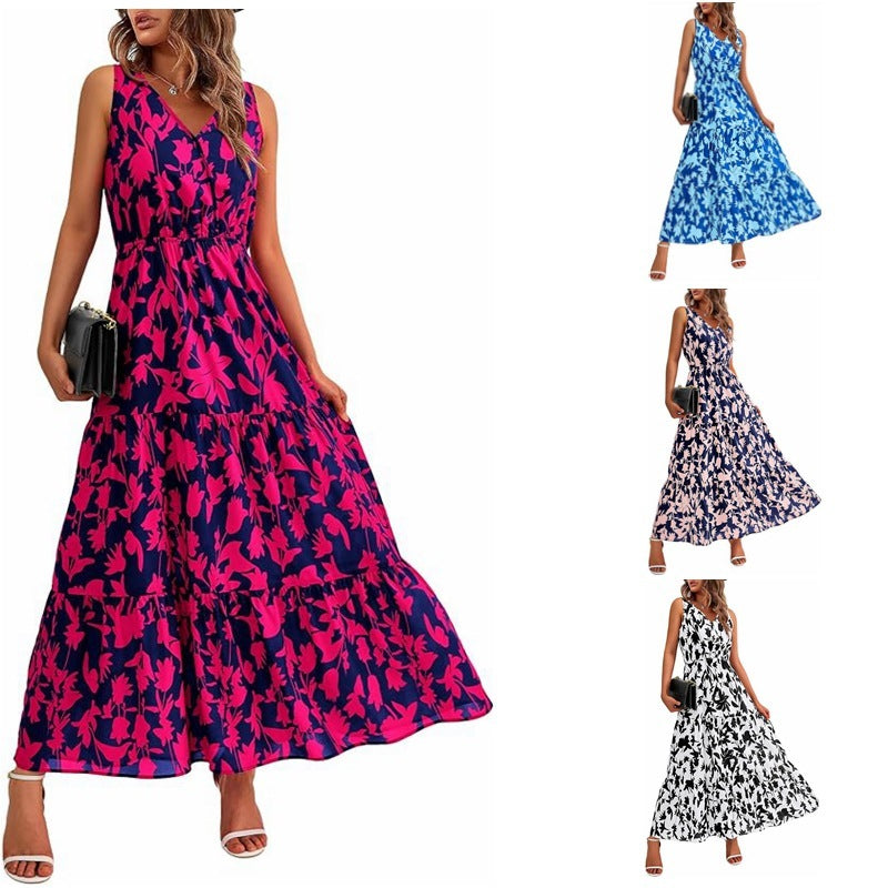 Robe imprimée à col en V et taille élastique pour femme