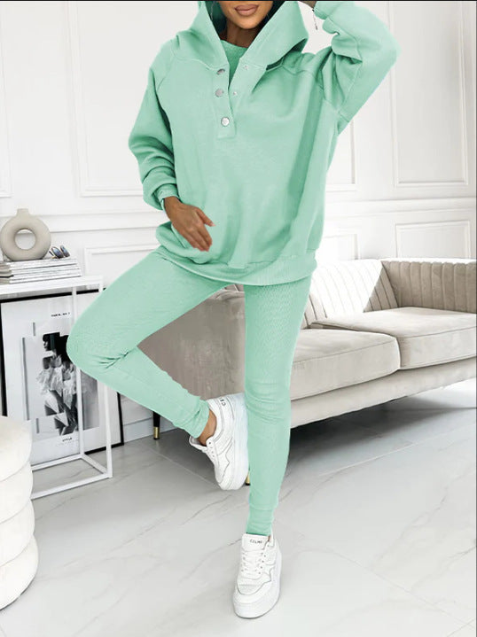 Casual Hooded Sweater Thickened Thread Fitted Vest Pants Three-piece Set