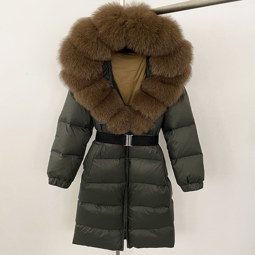 Women's Long Cinched Hoodie Real Fox Fur Collar Coat