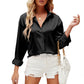 Satin Commuter Solid Color V-neck Long Sleeve Shirt Women