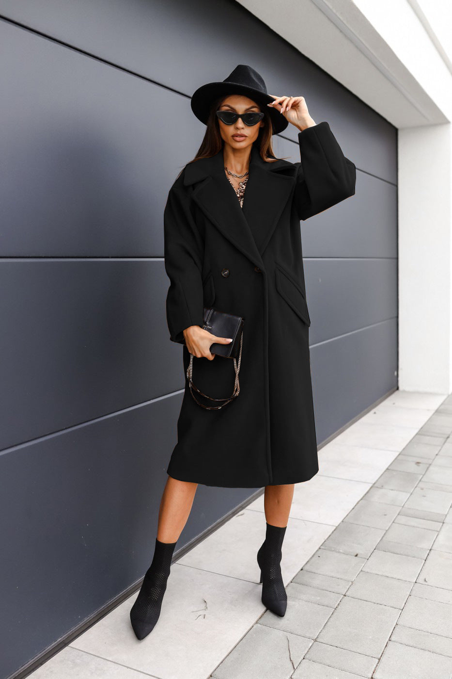 Double-breasted Suit Collar Solid Color Long Woolen Outer