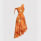 Women's Asymmetric Shoulder Mesh Floral Print Holiday Dress