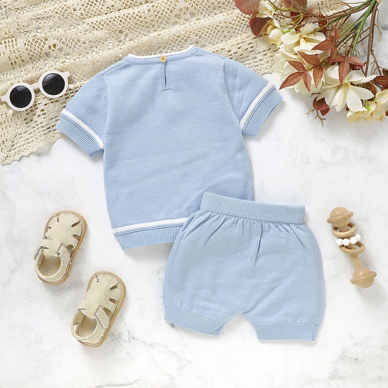 Baby's Round Neck Solid Color Knitted Short-sleeved Shirt Shorts Suit