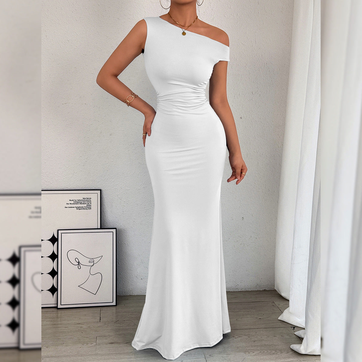 Off-the-shoulder Waist Pleated Sleeveless Dress