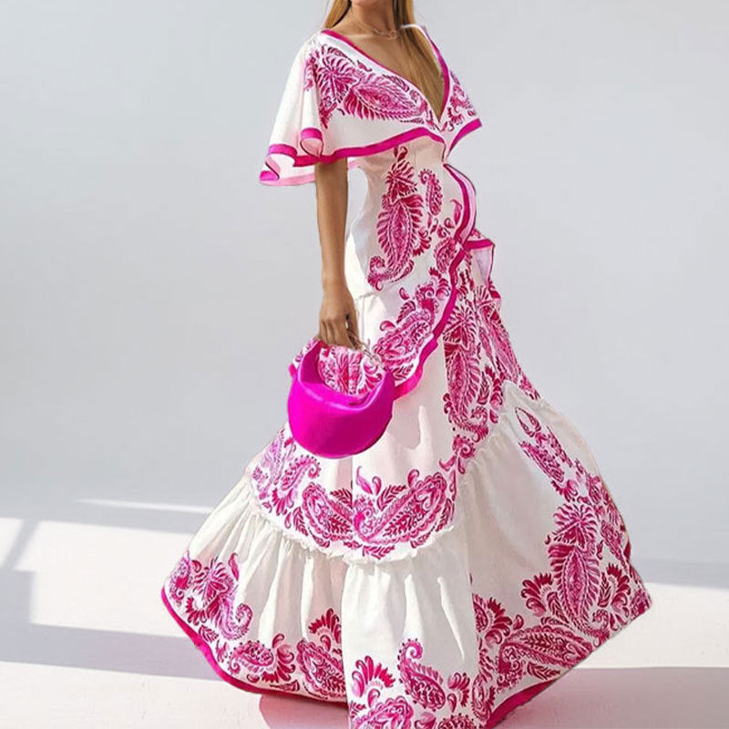 Elegant Chic Womens Printed V-neck Dress