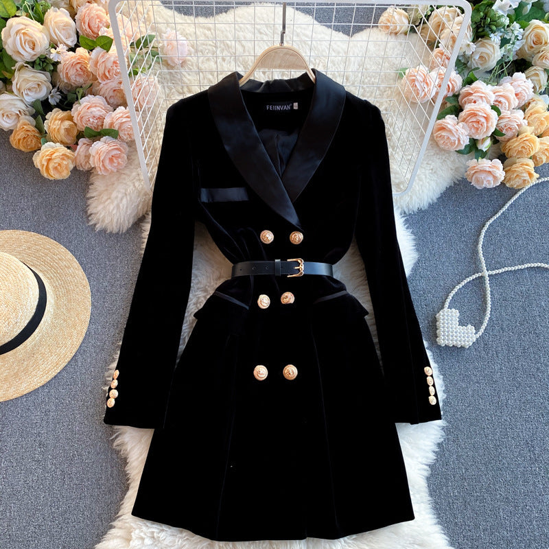 Robe en velours slim à col tailleur et double boutonnage pour femme