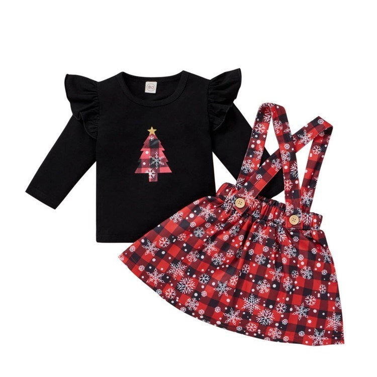 Vêtements de Noël pour bébé fille, t-shirts imprimés, jupes à carreaux
