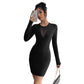 Pure Color Mesh Stitching Chest Design Long Sleeve Slim Fit Dress