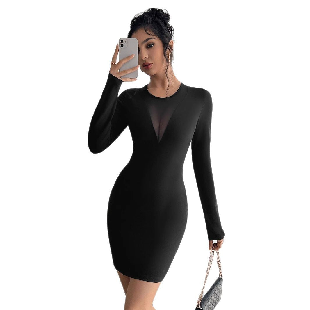 Pure Color Mesh Stitching Chest Design Long Sleeve Slim Fit Dress