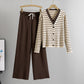 Fake Two-Piece Knitted Cardigan Top And Wide-Leg Pants Set