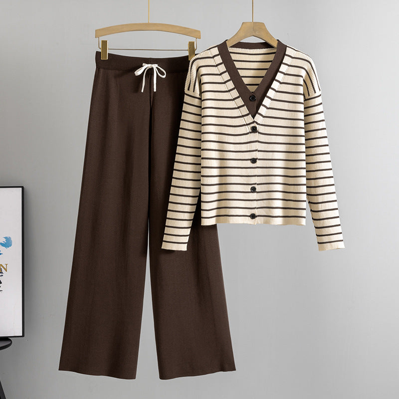 Fake Two-Piece Knitted Cardigan Top And Wide-Leg Pants Set