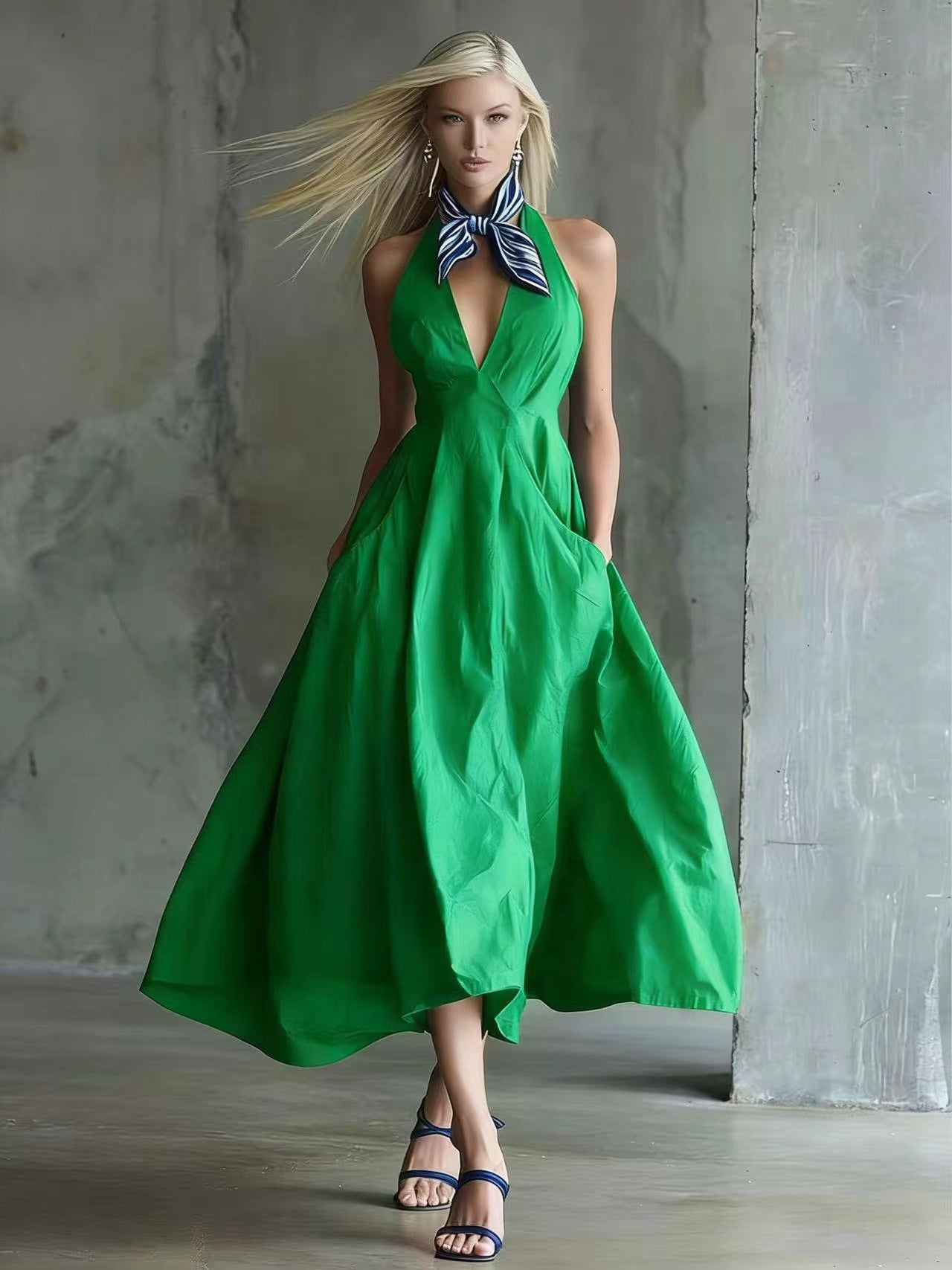Womens Retro Sleeveless Tie-Waist A-Line Midi Dress With V-Neck