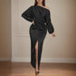 Womens Solid-Color Off-the-Shoulder Twist-Waist Long-Sleeve Dress