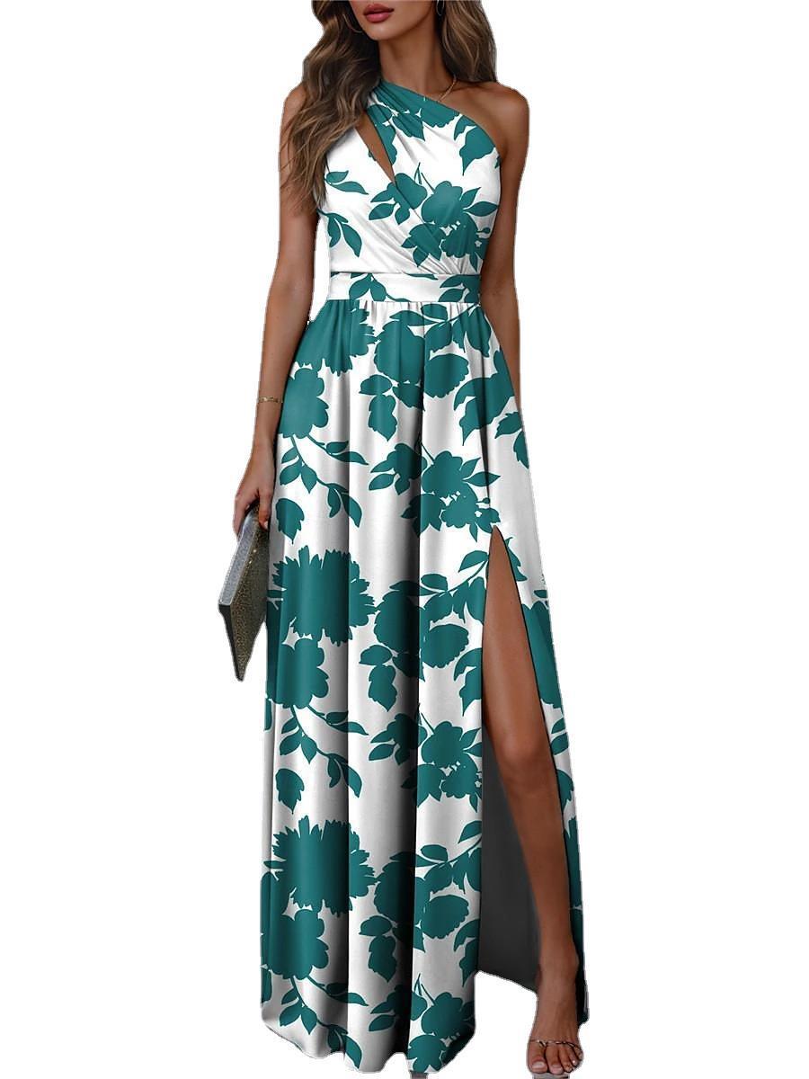 Robe élégante fendue sans manches à épaules inclinées et taille haute
