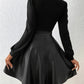 PU Leather Patchwork A-line Dress With A Square Neckline And Puff Sleeves