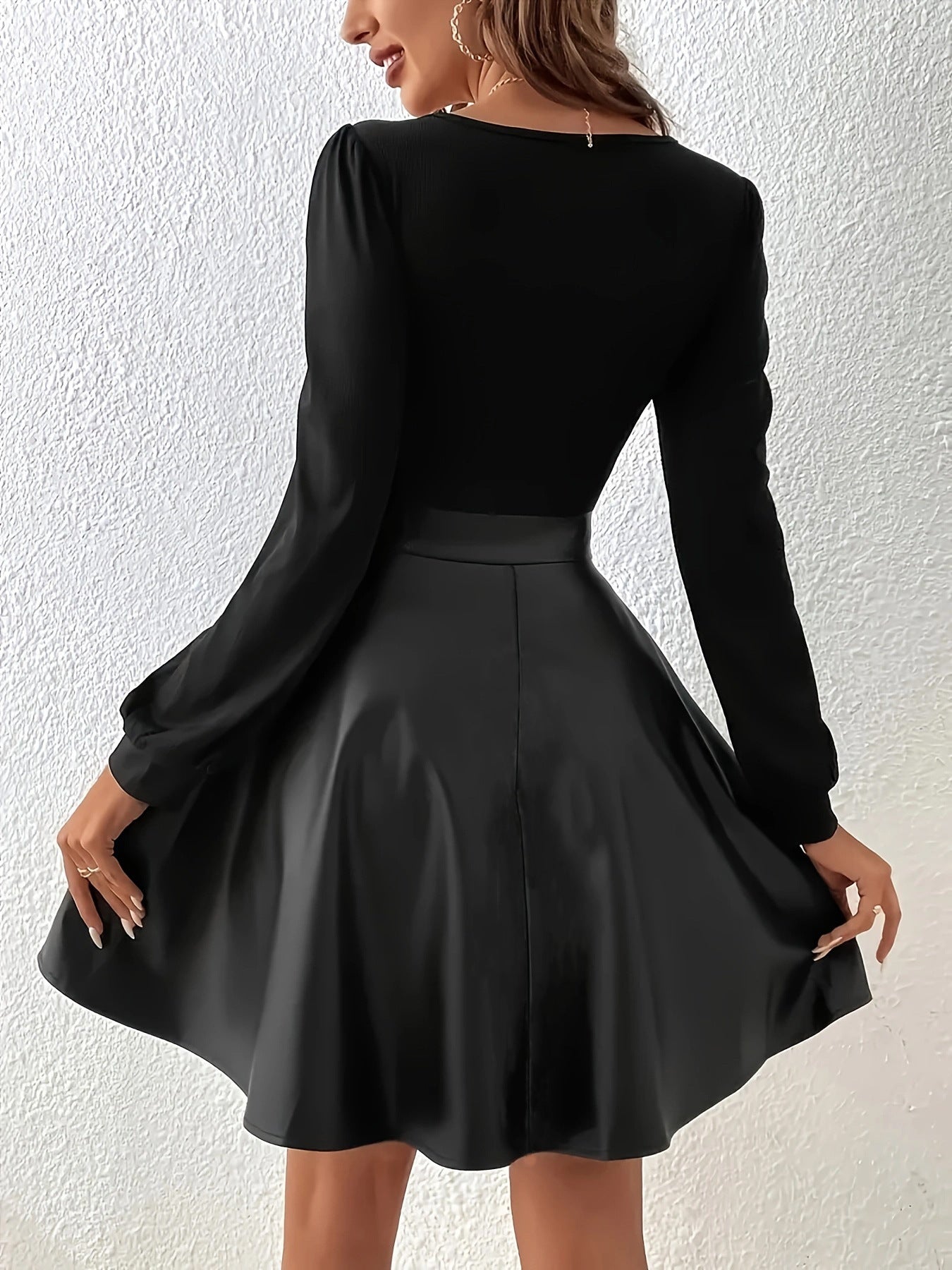 PU Leather Patchwork A-line Dress With A Square Neckline And Puff Sleeves