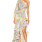 Robe à épaules inclinées et motif floral irrégulier à motif feuille de lotus pour femme