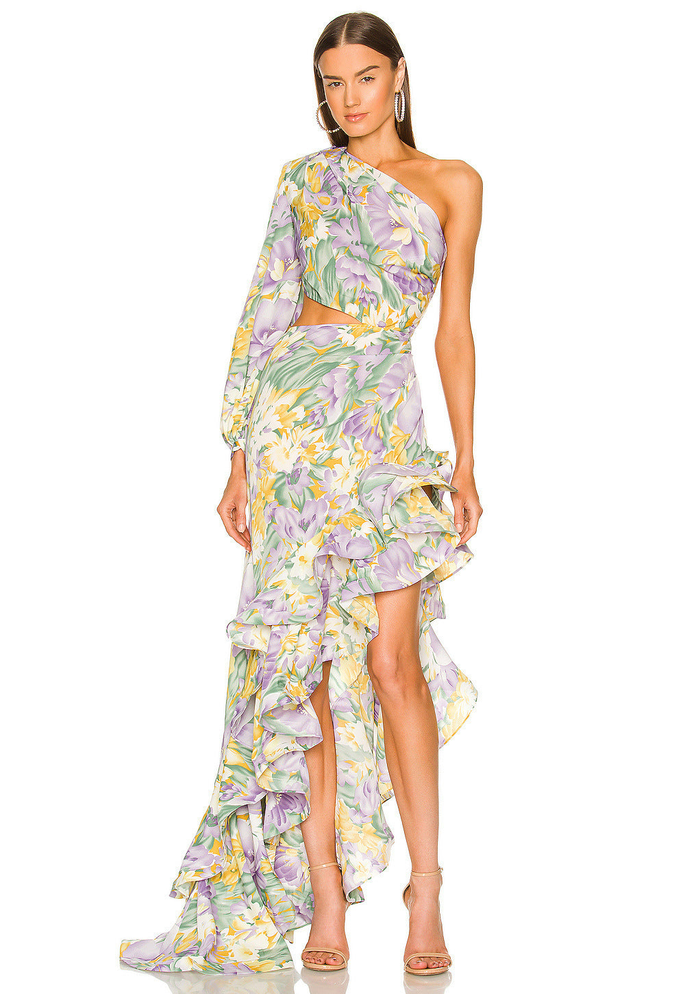 Robe à épaules inclinées et motif floral irrégulier à motif feuille de lotus pour femme