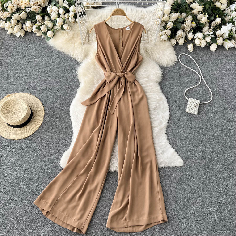 Combinaison sans manches à col en V et taille haute pour femme