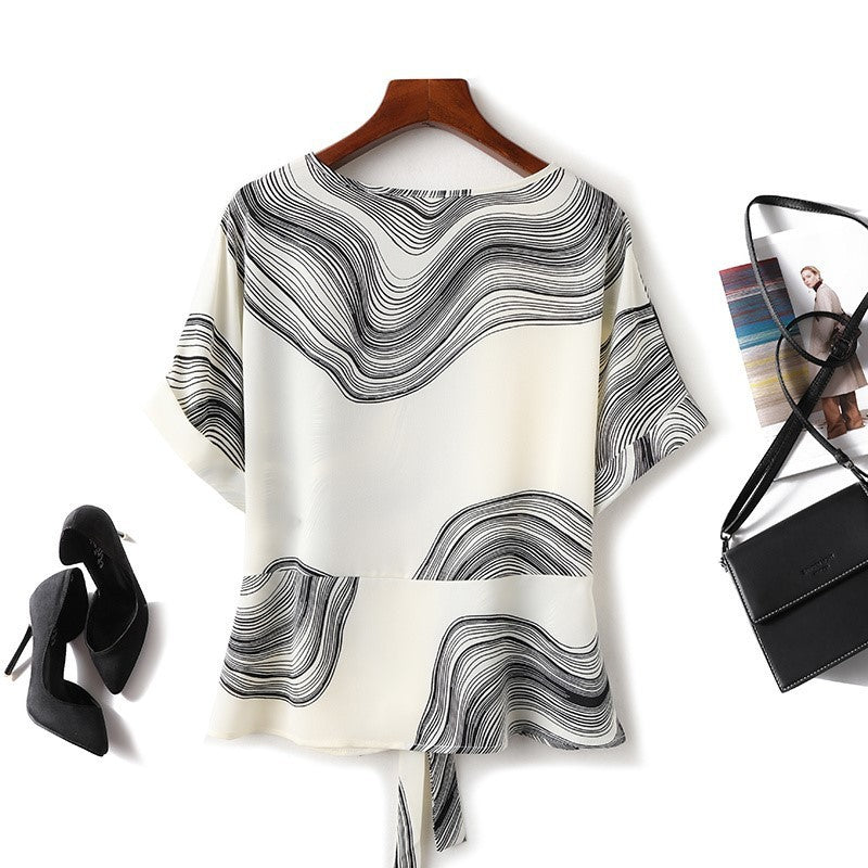 Retro Abstract Print Waist Trimming Loose Women's Short-sleeved Chiffon Shirt