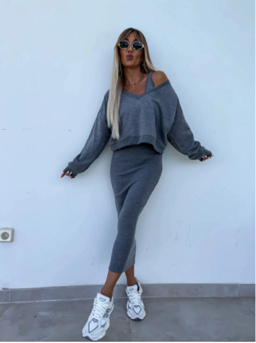 European And American Women's Clothing Vest Skirt V-neck Sweatshirt Sweater Set