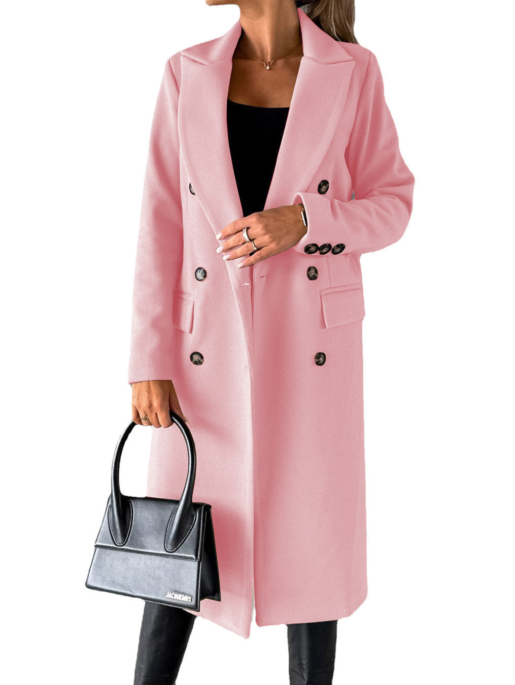 Manteau à manches longues et revers pour femme, veste longue et slim, couleur unie, à double boutonnage, tendance hiver