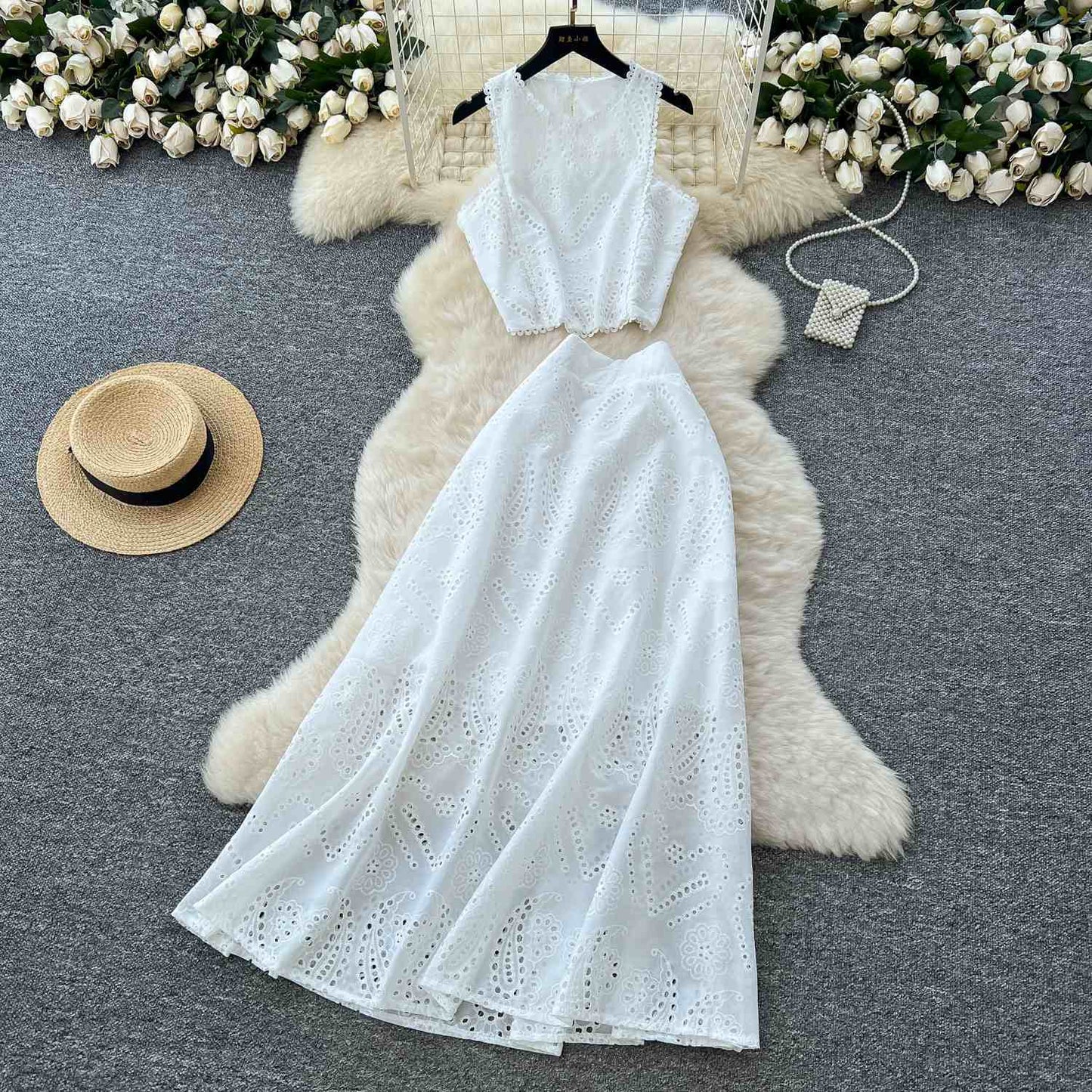 Hollow-out Crocheted Sleeveless Vest Top High Waist Skirt Suit