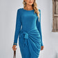 Round Neck Long Sleeve Solid Color Knot Dress