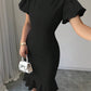 Round Neck Lantern Sleeve Ruffled Elegant Fishtail Skirt