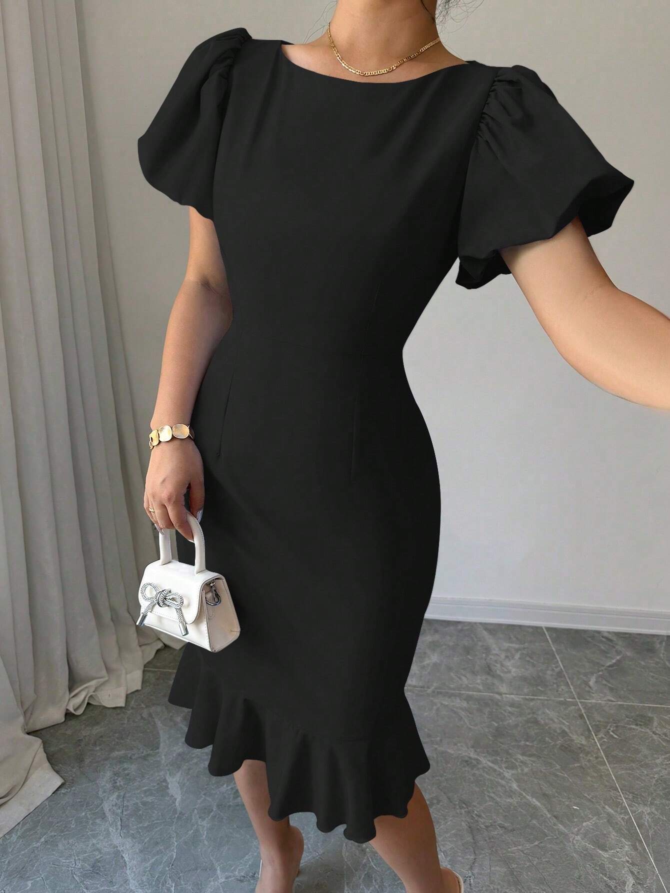 Round Neck Lantern Sleeve Ruffled Elegant Fishtail Skirt