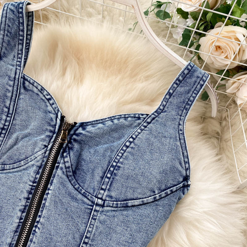 Short Camisole High Waist Denim Skirt