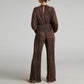 Ensemble deux pièces pour femme, pantalon décontracté à jambes larges et taille haute plissée et élastique, décolleté en V profond