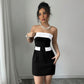 Socialite Style Dress Summer One-shoulder Bustier Color-blocked Mini Skirt