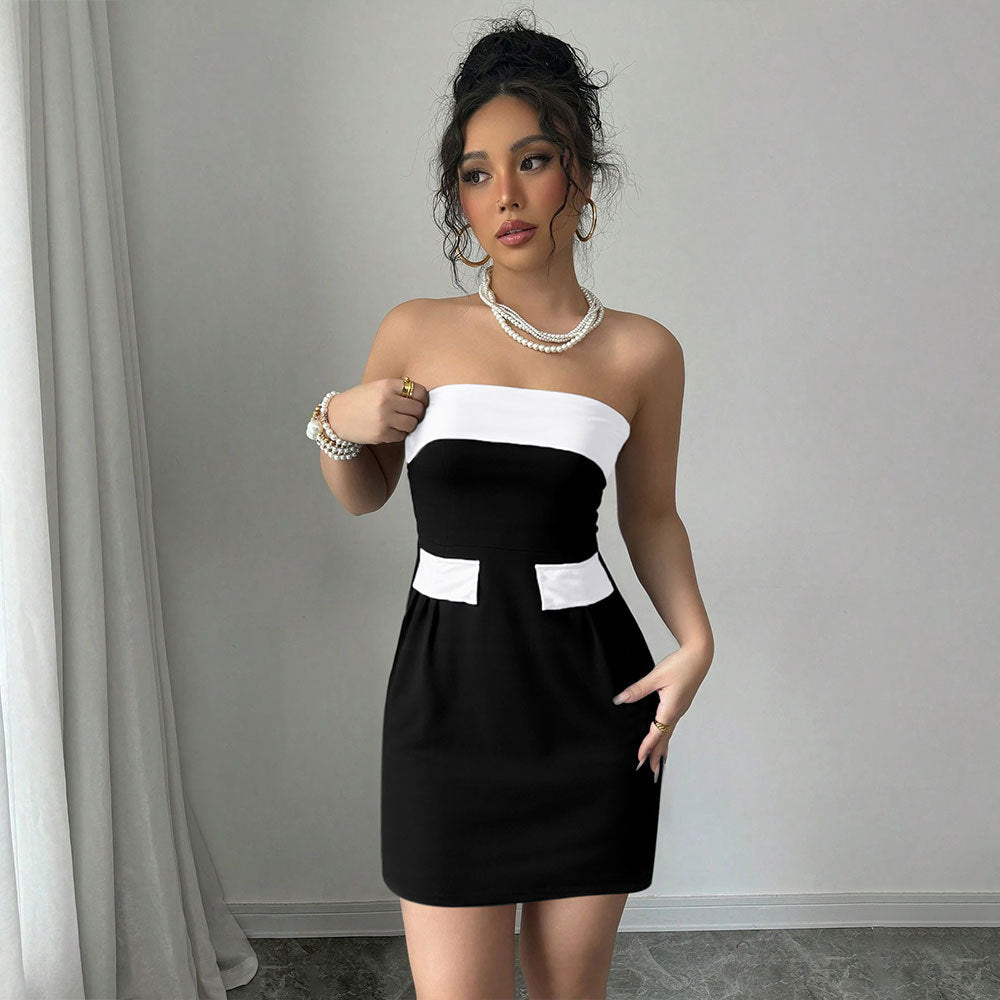 Socialite Style Dress Summer One-shoulder Bustier Color-blocked Mini Skirt
