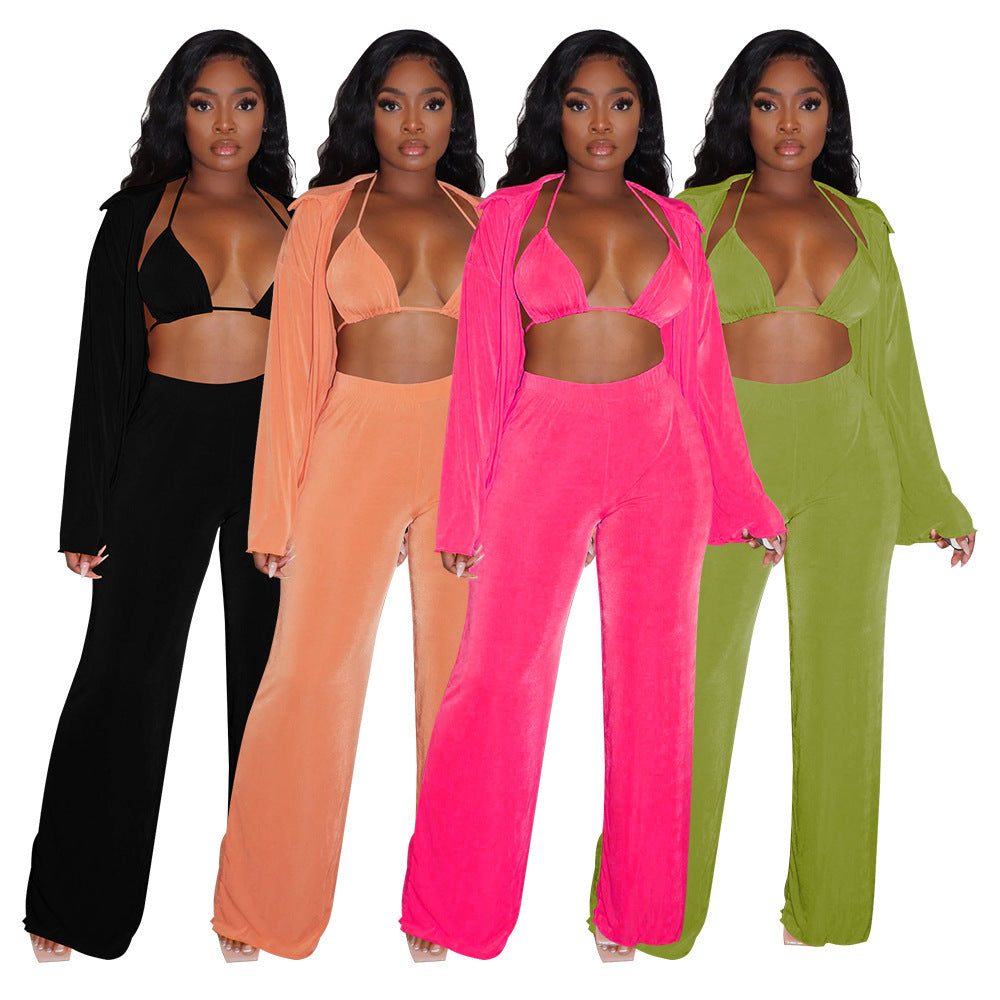 Ensemble bikini décontracté à manches longues et pantalon large pour femme
