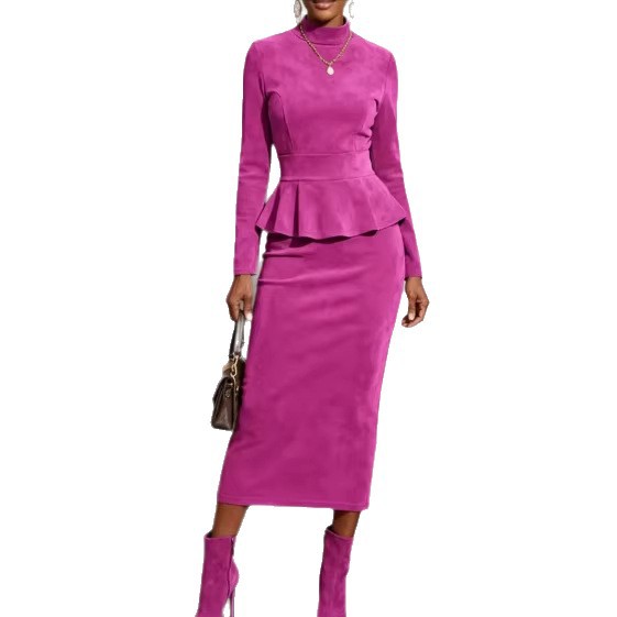 Solid Color Lotus Leaf Hem Top And Bodycon Long Skirt Set