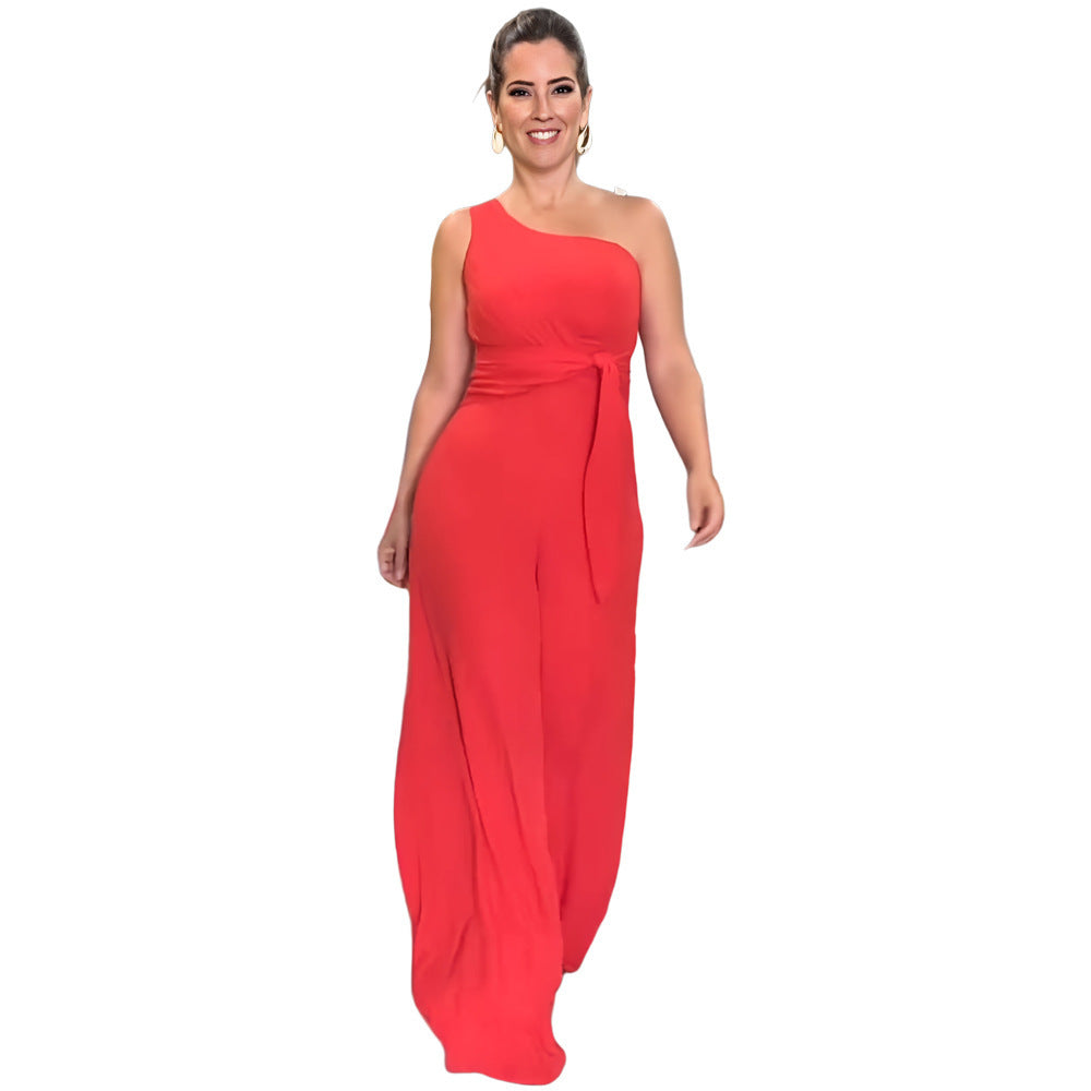 Pantalon évasé à jambe large et taille asymétrique de couleur unie