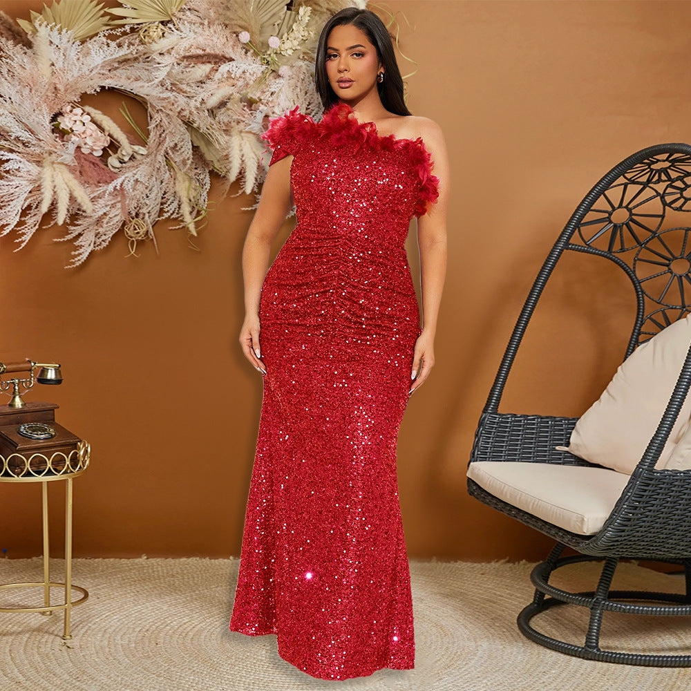 Black Paillette Feather Stitching Sequin Evening Dress Women