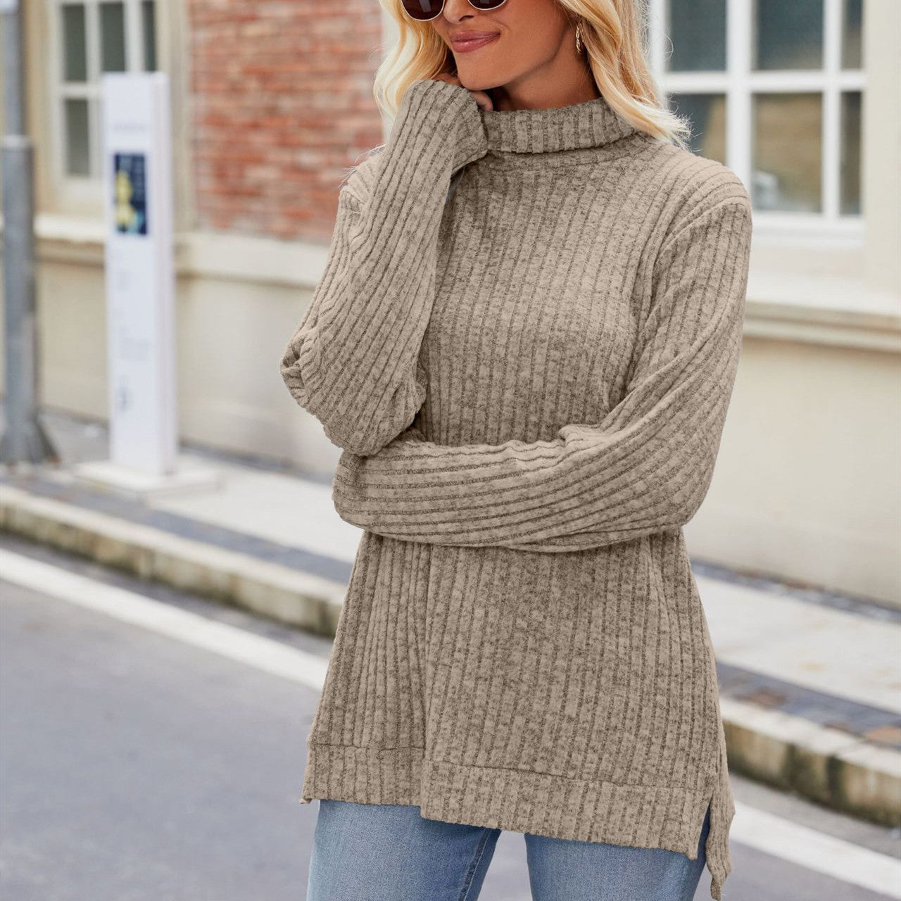 T-shirt ample à manches longues et col montant pour femme