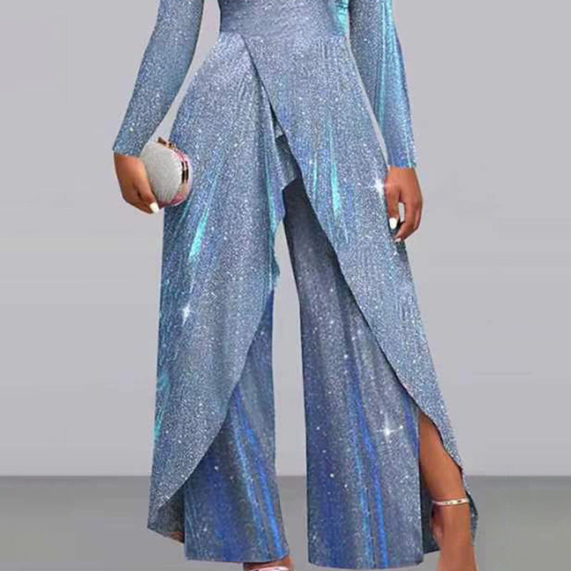 European And American Fashion Sequined Long Skirt Diagonal Mid-waist Temperament Commute Jumpsuit