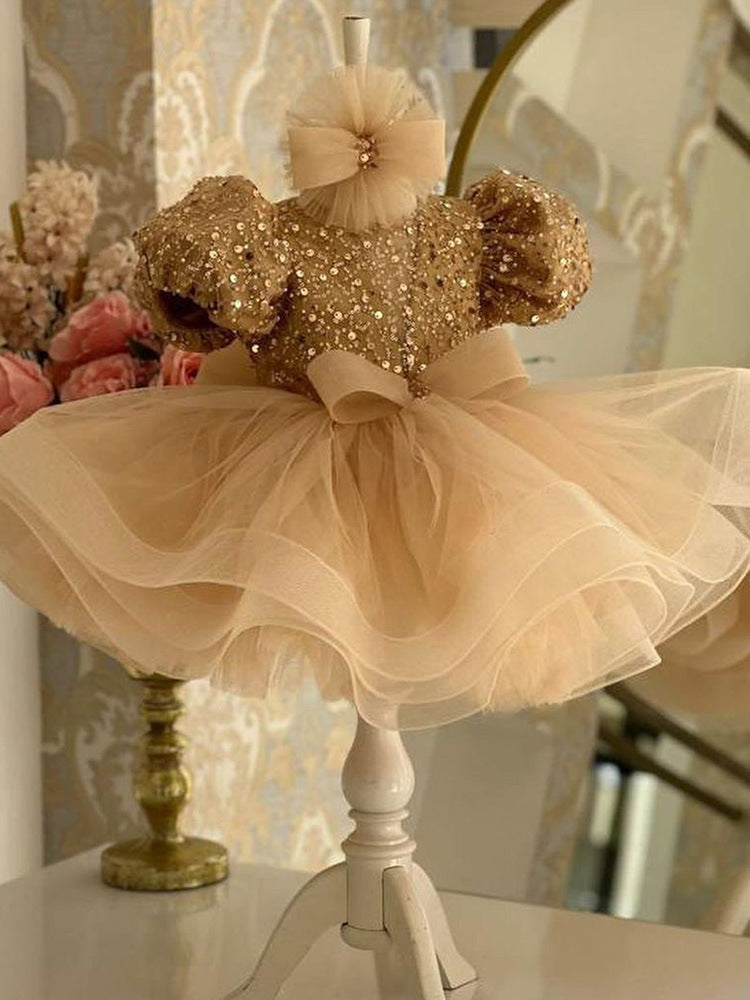 Girls Princess Dress With Puff Sleeve Sequins Children Puff Mesh