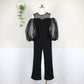 Round Neck Cutout Stitching Tulle Puff Sleeve High Waist Jumpsuit