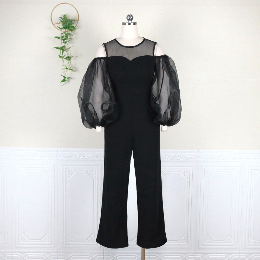 Round Neck Cutout Stitching Tulle Puff Sleeve High Waist Jumpsuit