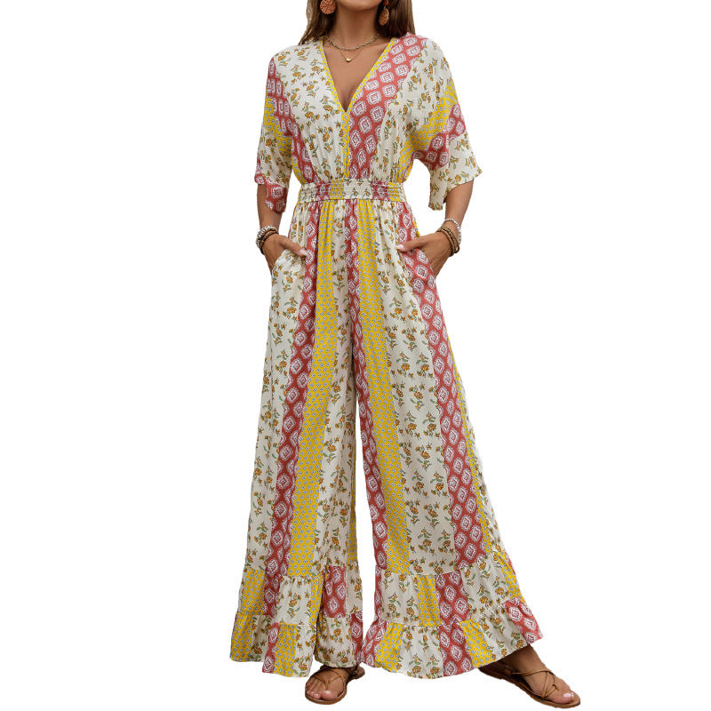 Summer New Bohemian Style Printed Retro Style High Waist One-piece Trousers For Women