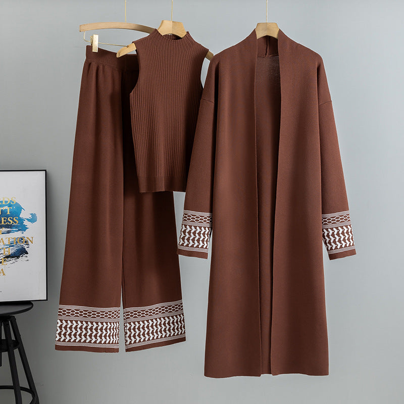 East Elegant Graceful Cardigan Robe Knitted Wide Leg Pants Three-piece Set