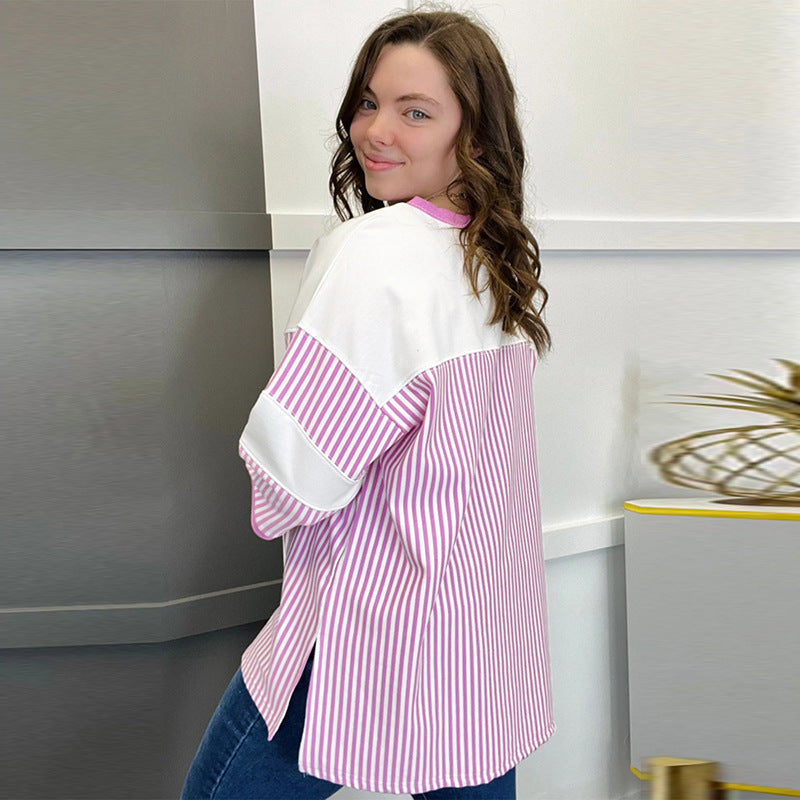 European And American Fashion Striped Color Matching Short-sleeved T-shirt For Women