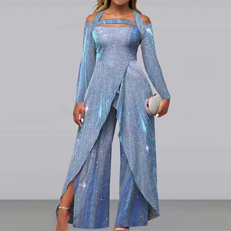 European And American Fashion Sequined Long Skirt Diagonal Mid-waist Temperament Commute Jumpsuit