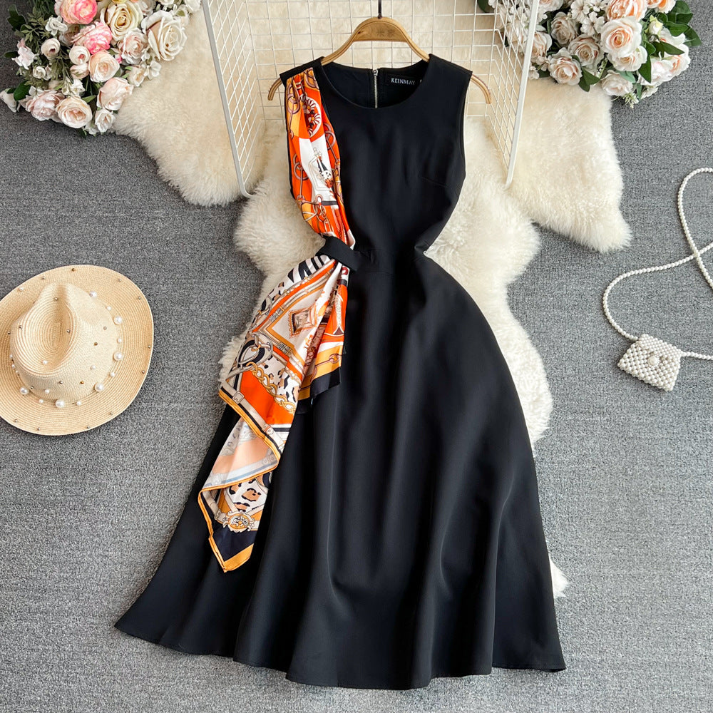 Lightly Mature Retro Elegance Sleeveless Round Neck Waist Trimming Slimming Sleeveless A- Line Dress