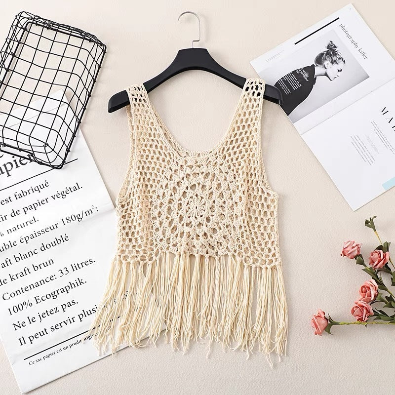 Retro Blouse Bohemian Hollow Knitted Short Ethnic Style Tassel Suspender Vest