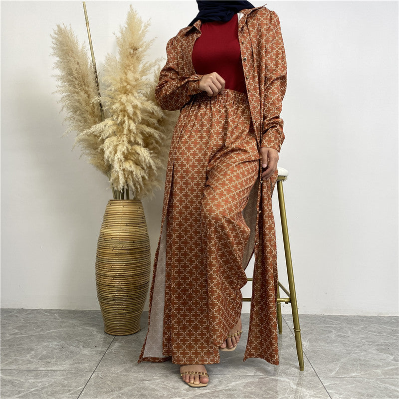 Fashion Printed Satin Full Button Long Cardigan And Pocket Pants Set